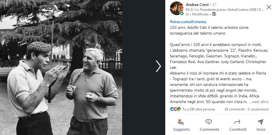 Andrea Corsi #viraccontoilcinema su LinkedIn 100 anni, Adolfo Celli, il talento artistico come conseguenza del talento umano