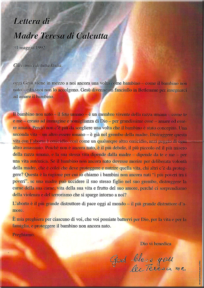 Lettera di Madre Teresa di Calcutta 31 maggio 1992 - Cari amici di tutta Italia ...