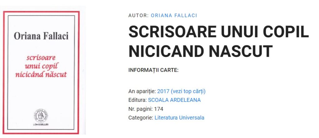 Scrisoare unui copil nicicand nascut - Oriana Fallaci, Editura Scoala Ardeleana 