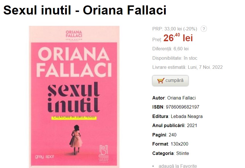 Sexul inutil - Oriana Fallaci, Editura Lebada Neagra Romania 